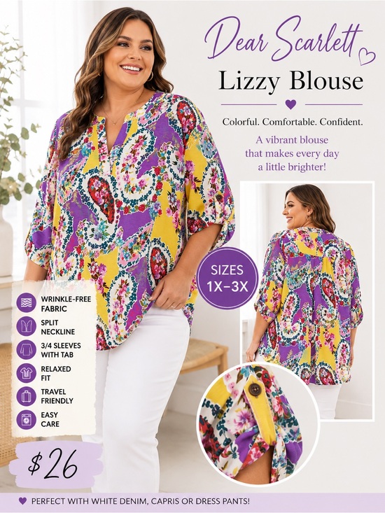 Dear Scarlett Tops - Dear Scarlett Lizzy Blouse - Purple & Yellow Floral Split Neck